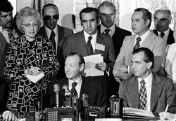 18 June 1975, United Nations World Conference of the International Women’s Year, Mexico City, Mexico: Secretary-General Kurt Waldheim holding a press conference; Mr. Pedro Ojeda Paullada, Attorney General of Mexico and elected President of the Conference, is seated on his left.