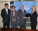 17 December 2007. Ratification of the Convention on the Rights of Persons with Disabilities, United Nations Headquarters, New York. Mr. Claude Heller Rouassant, Permanent Representative of Mexico (second from right), depositing the instruments of ratification of the Convention to Ms. Annebeth Rosenboom (to the right), Chief of the Treaty Section, United Nations Office of Legal Affairs. Mr. Zelijko Sturanovic, Prime Minister of the Republic of Montenegro, signing the Convention.