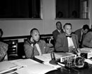 2 July 1951, Conference of Plenipotentiaries on the Status of Refugees and Stateless Persons, Palais des Nations, Geneva, Switzerland: Mr. Knud Larsen (Denmark) (left), President of the Conference; and Mr. J.P. Humphrey (right), Executive Secretary of the Conference and Representative of the Secretary-General of the United Nations.