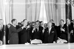 5 August 1963 - Signing Ceremony of the Partial Nuclear Test-Ban Treaty, Moscow: a general view of the gathering at which the Treaty was signed earlier today. Secretary-General U Thant is standing at center. Beside him, at right, is Soviet Premier Nikita S. Krushchev.