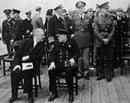 14 August 1941, Atlantic Conference, aboard the British battleship HMS Prince of Wales, "somewhere at sea": President Franklin D. Roosevelt (left) and Prime Minister Winston Churchill. 