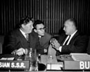4 November 1957 Twelfth Session of General Assembly, meeting of the Sixth Committee, United Nations Headquarters, New York (from left to right): Mr. G. F. Basov (Byelorussian Soviet Socialist Republic); Mr. O. S. Ternovoy (Byelorussia) and U Thaung Sein (Burma). 