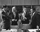 9 March 1966, Special Committee on Principles of International Law Concerning Friendly Relations and Co-Operation among States, United Nations Headquarters, New York (left to right): U Ba Thaung, (Burma); C.A. Stavropoulos, Under-Secretary-General for Legal Affairs and United Nations Legal Counsel; J.F. Scott, Legal Officer, United Nations Office of Legal Affairs; and K. Krishna Rao (India), Chairman of the Committee.
