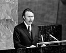 10 April 1974, Sixth special session of the General Assembly, United Nations Headquarters, New York: Mr. Houari Boumediene, President of the Revolutionary Council and of the Council of Ministers of Algeria, addressing the Assembly.
