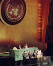 10 December 1992, Forty-seventh session of the General Assembly, United Nations Headquarters, New York: Mr. Ovide Mercredi (at the podium), member of the Assembly of First Nations, addressing the General Assembly at the special meeting for the inauguration of the International Year of the World's Indigenous People. 
