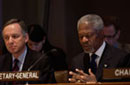 1 April 2005, Adoption of the text of the Draft International Convention for the Suppression of Acts of Nuclear Terrorism by the Ad Hoc Committee on International Terrorism, United Nations Headquarters, New York: Secretary-General Kofi Annan (right) and Mr. Nicolas Michel, Legal Counsel. 