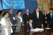 24 September 2003, Ratification of the International Convention for the Suppression of Terrorist Bombings, United Nations Headquarters, New York: Mr. Marc Ravalomanana (seated), President of the Republic of Madagascar, ratifying the Convention, among other instruments.
