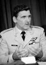 7 September 1994, United Nations Headquarters, New York: Major-General Romeo Dallaire (Canada), former Force Commander of the United Nations Assistance Mission in Rwanda (UNAMIR), holding a press conference. 