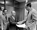 22 July 1981 Accession of the Philippines to the Convention and Protocol relating to the Status of Refugees, United Nations Headquarters, New York (from left to right): Mr. George Irving, United Nations Legal Officer; Mr. Carlos P. Romulo, Minister of Foreign Affairs of the Philippines; United Nations Ambassador Alejandro D. Yango (Philippines); and Mr. Erik Suy, Under-Secretary-General for Legal Affairs and Legal Counsel of the United Nations.