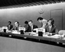 18 March 1975 Third Session of the Third United Nations Conference on the Law of the Sea, opening meeting of the First Committee, Geneva, Switzerland (from left to right): Mr. Sergio M. Thompson Flores (Brazil), Chairman; Mr. Jean-Pierre Levy, Secretary; and Mr. H. Charles Mott (Australia), Rapporteur. 