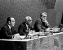 3 March 1980 Opening of the Ninth Session of the Third United Nations Convention on the Law of the Sea, United Nations Headquarters, New York (from left to right): Mr. Bernardo Zuleta, Special Representative of the Secretary-General to the Conference; Mr. H. Shirley Amerasinghe, President of the Conference; and Mr. David L. D. Hall, Executive Secretary of the Conference. 