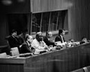 19 March 1981 Tenth Session of the Third United Nations Conference on the Law of the Sea, meeting of the First Committee, United Nations Headquarters, New York (from left to right): Mr. Bernardo Zuleta, Special Representative of the Secretary-General; Mr. Paul Bamela Engo, Chairman of the Committee; Mr. Jean Pierre Levy (Cameroon), Secretary; and John Bailey, Rapporteur. 