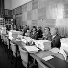 26 April 1971, Twenty-third Session of the International Law Commission, Palais des Nations, Geneva: Mr. Paul Reuter (left), Special Rapporteur on the Question of treaties concluded between States and international organizations or between two or more international organizations and Mr. S. Rosenne sitting at his left, at the opening meeting. 