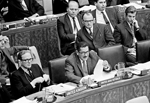 17 November 1970 - Meeting of the Sixth (Legal) Committee resuming its consideration of International Watercourses, United Nations Headquarters, New York: Mr. Ahmed Osman Khalil (United Arab Republic), addressing the Committee, and Mr. I. R. Freeland (United Kingdom) (left).