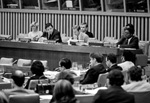 16 October 1973, The Legal Sub-Committee completing its informal consideration on the Draft Convention on Protection of Diplomats, seating at the presiding table (from left to right) are Chairman Sergio Gonzalez Galvez (Mexico); Secretary Yuri M. Rybakov; and Rapporteur Joseph Mande Djapou (Central African Republic).