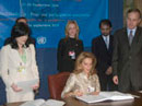 Accession to the Convention on Prohibitions or Restrictions on the Use of Certain Conventional Weapons (with Protocols I, II and III), United Nations Headquarters, New York: Leila Rachid de Cowles (centre), Minister of Foreign Affairs of the Republic of Paraguay, depositing the documents of accession to the Convention and giving consent to be bound by the Protocol on Prohibitions or Restrictions on the Use of Mines, Booby-Traps and Other Devices as amended on 3 May 1996 (Protocol II as amended on 3 May 1996) annexed to the Convention, among other instruments; standing on her right is Mr. Nicolas Michel, Under-Secretary-General for Legal Affairs and United Nations Legal Counsel.