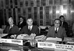 11 May 1964. Sixteenth Session of the International Law Commission, Geneva, Switzerland. The International Law Commission opening its sixteenth session in Geneva and continuing its work on, inter alia, special missions. At the table (from left) are: Mr. Herbert W. Briggs (United States), First Vice-Chairman; Professor Roberto Ago (Italy), Chairman and Mr. Yuen-li Liang (Director of the UN Codification Division), Representative of the Secretary-General.Photo Credit: UN Photo)