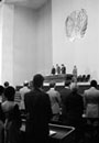 21 March 1978, Special meeting marking the start of the International Anti-Apartheid Year, United Nations Office in Geneva, Switzerland: Mr. Cottafavi, Director-General of the United Nations Office at Geneva, reading a message from Secretary-General Kurt Waldheim.