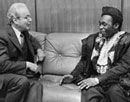 11 January 1982, United Nations Headquarters, New York: Secretary-General Javier Perez de Cuellar (left) meeting with Mr. Alhaji Yusuf Maitama-Sule (Nigeria), Chairman of the Special Committee against Apartheid. 
