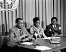 21 March 1983, Press Conference by the Chairman of the Special Committee Against Apartheid, United Nations Headquarters, New York (from left to right): Mr. Harleston, President of the City College of the City University of New York; Mr. Maitama-Sule (Nigeria), Chairman of the Special Committee Against Apartheid; and Mr. Gbeho (Ghana), Vice-Chairman of the Special Committee. 
