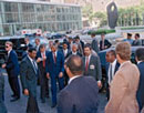 22 June 1990, United Nations Headquarters, New York: Mr. Nelson Mandela (centre), Deputy President of the African National Congress, arriving at the United Nations to address the Special Committee Against Apartheid in the General Assembly. 
