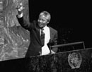 22 June 1990, United Nations Headquarters, New York: Mr. Nelson Mandela, Deputy President of the African National Congress of South Africa, addressing the Special Committee Against Apartheid in the General Assembly Hall. 