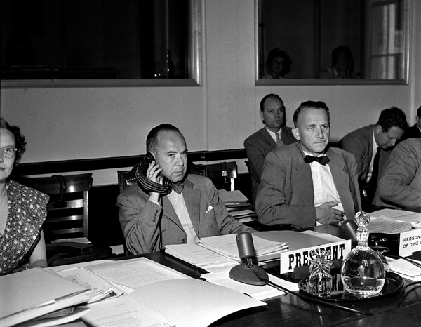 2 July 1951 - Conference of Plenipotentiaries on the Status of Refugees and Stateless Persons, Palais des Nations, Geneva, Switzerland: Mr. Knud Larsen (Denmark) (left), President of the Conference; and Mr. J.P. Humphrey (right), Executive Secretary of the Conference and Representative of the Secretary-General of the United Nations.