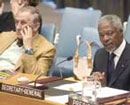 26 August 2003, Security Council, United Nations Headquarters, New York: Secretary-General Kofi Annan addressing the Security Council. At this meeting, the Security Council unanimously adopted resolution 1502 entitled “Protection of United Nations personnel, associated personnel and humanitarian personnel in conflict zones”.