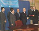 22 September 2003, Accession of Lebanon to the Convention on the Safety of United Nations and Associated Personnel, United Nations Headquarters, New York: Mr. Jean Obeid, Minister for Foreign Affairs and Emigrants of Lebanon (fourth from right), depositing the instrument of ratification to Mr. Hans Corell (second from right), Under-Secretary-General for Legal Affairs and Legal Counsel.