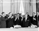 5 August 1963, Signing Ceremony of the Partial Nuclear-Test-Ban Treaty, Moscow: a general view of the gathering at which the Treaty was signed earlier today. Secretary-General U Thant is standing at center. Beside him, at right, is Soviet Premier Nikita S. Krushchev.