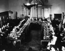 21 August 1944, Conference on Security Organization for Peace in the Post-War World at Dumbarton Oaks Estate, Washington DC: Representatives of the Soviet Union, the United Kingdom and the United States meeting in the opening session of the Conference. 