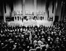 26 June 1945 - San Francisco Conference: Mr. Edward R. Stettinius Jr., Secretary of State of the United States and Chairman of the delegation, addressing the San Francisco Conference, and Mr. Harry S. Truman, President of the United States of America (left).