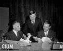 4 November 1957 Twelfth Session of the General Assembly, meeting of the Sixth Committee, United Nations Headquarters, New York (from left to right): Mr. J. de Their (Belgium), Mr. A. H. Body (Australia) and Mr. Gert Heible (Austria). 
