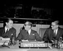 4 November 1957 Twelfth Session of the General Assembly, meeting of the Sixth Committee, United Nations Headquarters, New York (from left to right): Mr. Quintan Alfonsin (Uruguay); Mr. Philip Klutznich (United States of America) and Mr. F. A. Vallat (United Kingdom). 