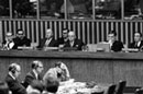 5 April 1965 Committee on the Question of Defining Aggression, United Nations Headquarters, New York (seated in the background, from left to right): Ambassador Zenon Rossiedes (Cyprus), Vice-Chairman of the Committee; Mr. C. A. Stavropoulos, United Nations Under-Secretary for Legal Affairs; Ambassador Antonio Alvarez Vidaurre (El Salvador), Chairman; Mr. G. W. Wattles, Assistant Director of UN Codification Division, and Ambassador Rafik Asha (Syria), Rapporteur. 