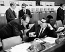 21 November 1968 Twenty-third Session of the General Assembly, meeting of the Sixth Committee, United Nations Headquarters, New York: Mr. J. Debergh (Belgium) (left) and Mr. Asbjorn Lillas (Norway), in informal discussion. 