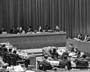 26 November 1968 Twenty-third Session of the General Assembly, meeting of the Sixth Committee (at the presiding table, from left to right): Mr. Constantin Savropoulos, United Nations Legal Counsel, addressing the Committee; Mr. K. Krishna Rao (India), Chairman of the Sixth Committee; Mr. Anatoly P. Movchan, Committee Secretary; and Mr. Gheorghe Secarin (Romania), Rapporteur. 