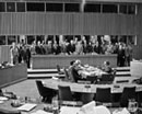 12 April 1974 Second Session of the Committee on the Question of Defining Aggression, United Nations Headquarters, New York: Members of the Special Committee standing behind the presiding table. 