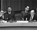 8 March 1966 Opening of the 1966 session of the Special Committee of 24 on the ending of colonialism, United Nations Headquarters, New York: Mr. Pedro Zuloaga (Venezuela), making a statement (right), next to Mr. Danilo Lekic (Yugoslavia).