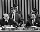 14 November 1963, Meeting of the Sixth Committee of the General Assembly on principles of international law concerning friendly relations and co-operation among States, United Nations Headquarters, New York: Mr. Manfred Lachs (Poland) (left), addressing the Committee, and Mr. Emilio D. Bejasa (Philippines).