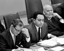14 November 1963,
Meeting of the Sixth Committee of the General Assembly on principles of international law concerning friendly relations and co-operation among States, United Nations Headquarters, New York (left to right): Mr. I.M. Sinclair  (United Kingdom); Dr. Abdullah El-Erian (United Arab Republic) addressing the Committee; and Mr. P.D. Morozov (USSR).