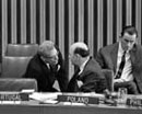 14 November 1963,
Meeting of the Sixth Committee of the General Assembly on principles of international law concerning friendly relations and co-operation among States, United Nations Headquarters, New York: Mr. Zenon Rossides (Cyprus) (left) and Dr. Manfred Lachs (Poland).