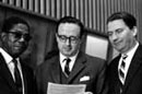 14 November 1963,
Meeting of the Sixth Committee of the General Assembly on principles of international law concerning friendly relations and co-operation among States, United Nations Headquarters, New York (left to right): Mr. E.K. Dadzie (Ghana), Vice-Chairman; Dr. Jose Maria Ruda (Argentina), Chairman; and Mr. K.S. Zabigalio (Ukrainian S.S.R.), Rapporteur.