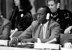 14 October 1988 - United Nations Headquarters, New York. The Sixth Committee considering the report of the Special Committee on the Charter and on the Strengthening of the Role of the Organization, as well as of the peaceful settlement of disputes between States. Mr. Achol Deng (Sudan), Committee Chairman, presiding over the meeting. (Photo credit: UN Photo/Saw Lwin)