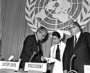 22 April 1968, The International Conference on Human Rights, New Majlis Building, Teheran: Secretary-General U Thant (left), congratulating Princess Ashraf Pahlevi of Iran on her election as President of the Conference; and Mr. Marc Schreiber (right), Director of the United Nations Division of Human Rights and Executive Secretary of the Conference.