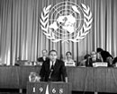 25 April 1968, The International Conference on Human Rights, New Majlis Building, Teheran: Prince Sadruddin Aga Khan, United Nations High Commissioner for Refugees, making a statement at the plenary meeting of the Conference held on 25 April.