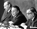 9 April 1974, Sixth special session of the General Assembly, United Nations Headquarters, New York (left to right): Secretary-General Kurt Waldheim; Mr. Leopoldo Benites (Ecuador), President of the special session, addressing the Assembly; and Mr. Bradford Morse, Under-Secretary-General for Political and General Assembly Affairs.