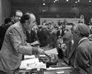 1 May 1974, Meeting of the Ad Hoc Committee of the Sixth Special Session of the General Assembly, United Nations Headquarters, New York (second left to right): Mr. Fereydoun Hoveyda (Iran), Chairman of the Committee, Mr. Lazar Mojsov (Yugoslavia) and Mr. Samar Sen (India), conferring before the meeting.
