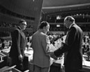 2 May 1974, Conclusion of the sixth special session of the General Assembly, United Nations Headquarters, New York: Secretary-General Kurt Waldheim (right) thanking Mr. Leopold Benites (Ecuador) (center), President of the Assembly; standing next to them (left) is  Mr. Bradford Morse, Under-Secretary-General for Political and General Assembly Affairs.