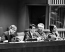 16 January 1980, Meeting of the Working Group on the New International Economic Order, United Nations Headquarters, New York (left to right): Mr. E. Bergsten of the International Trade Law Branch, Office of Legal Affairs; Mr. Kuzuaki Sono (Japan), Chairman of the Working Group; Mr. F. Enderlein, Committee Secretary; and G. Gil-Valdiura (Mexico), Rapporteur.